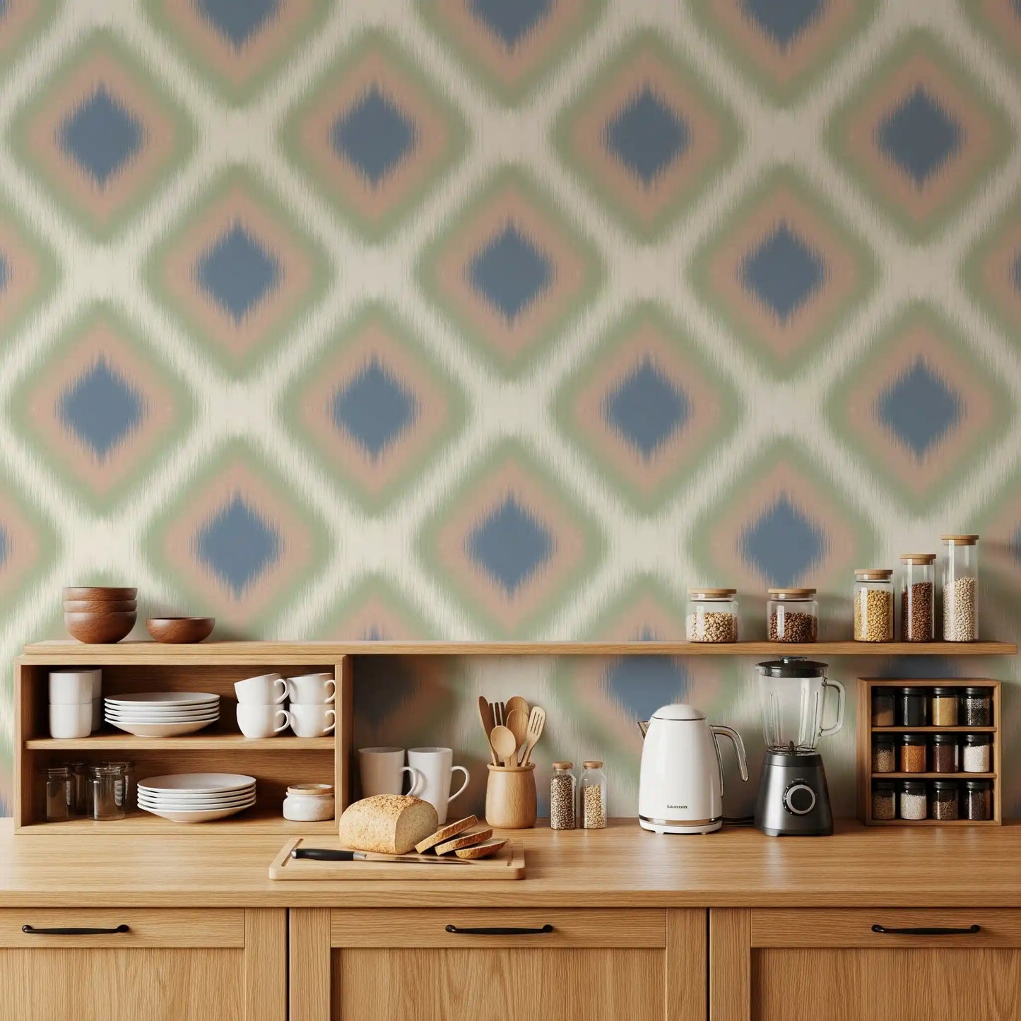 Heritage Ikat – Rautenmuster-Tapete im Grandmillennial-Stil in Denimblau und Blush-Pink