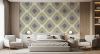 Heritage Ikat – Rautenmuster-Tapete im Grandmillennial-Stil in Denimblau und Blush-Pink