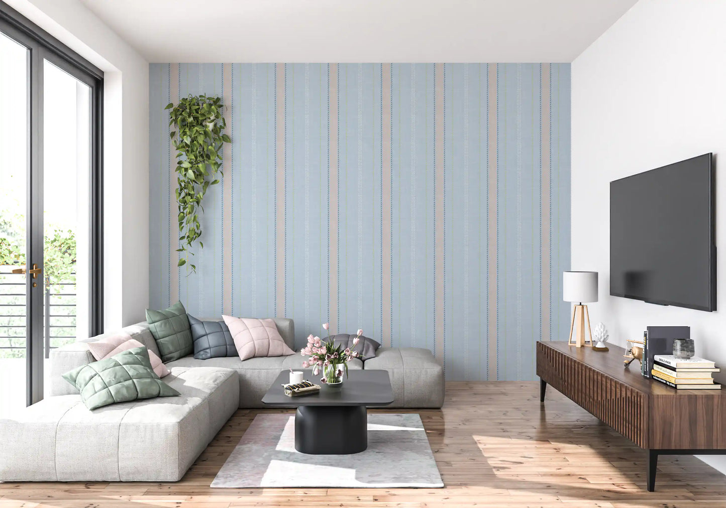 Heritager Ticking Stripes - Carta da parati con texture di lino blu francese vintage e rosa cipria