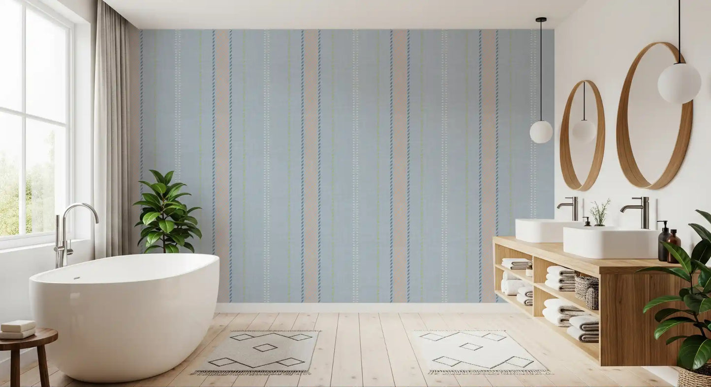 Heritager Ticking Stripes - Carta da parati con texture di lino blu francese vintage e rosa cipria