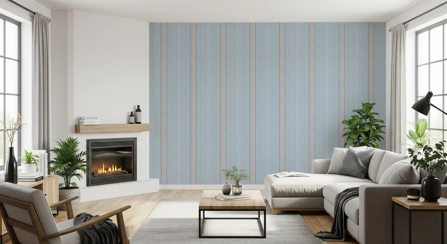 Heritager Ticking Stripes - Carta da parati con texture di lino blu francese vintage e rosa cipria