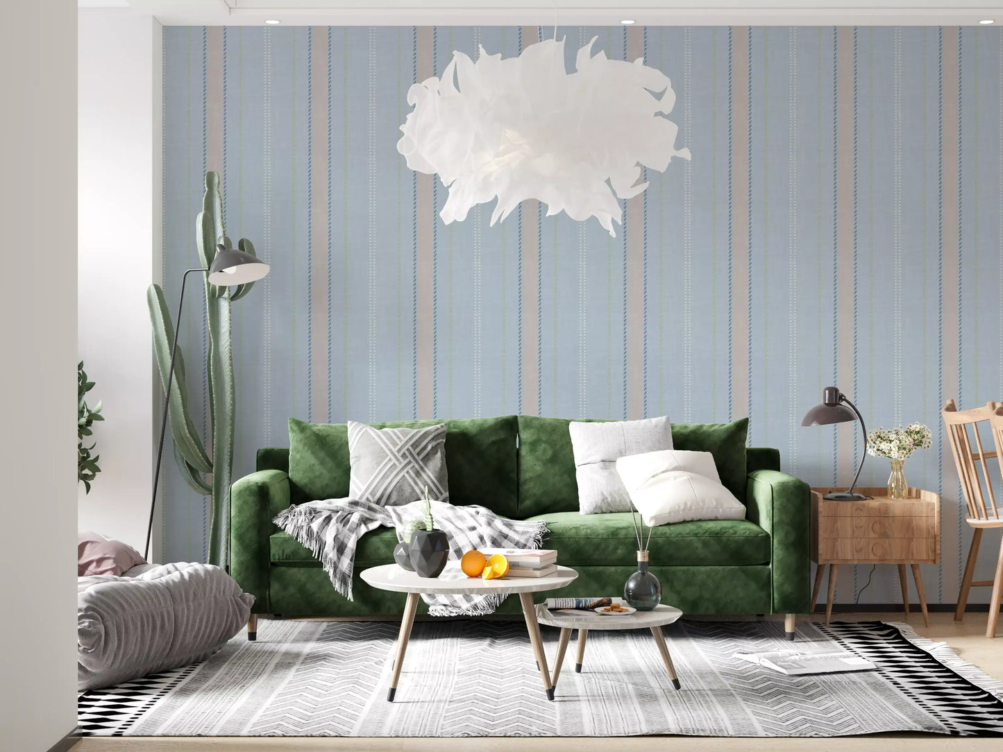 Heritager Ticking Stripes - Carta da parati con texture di lino blu francese vintage e rosa cipria