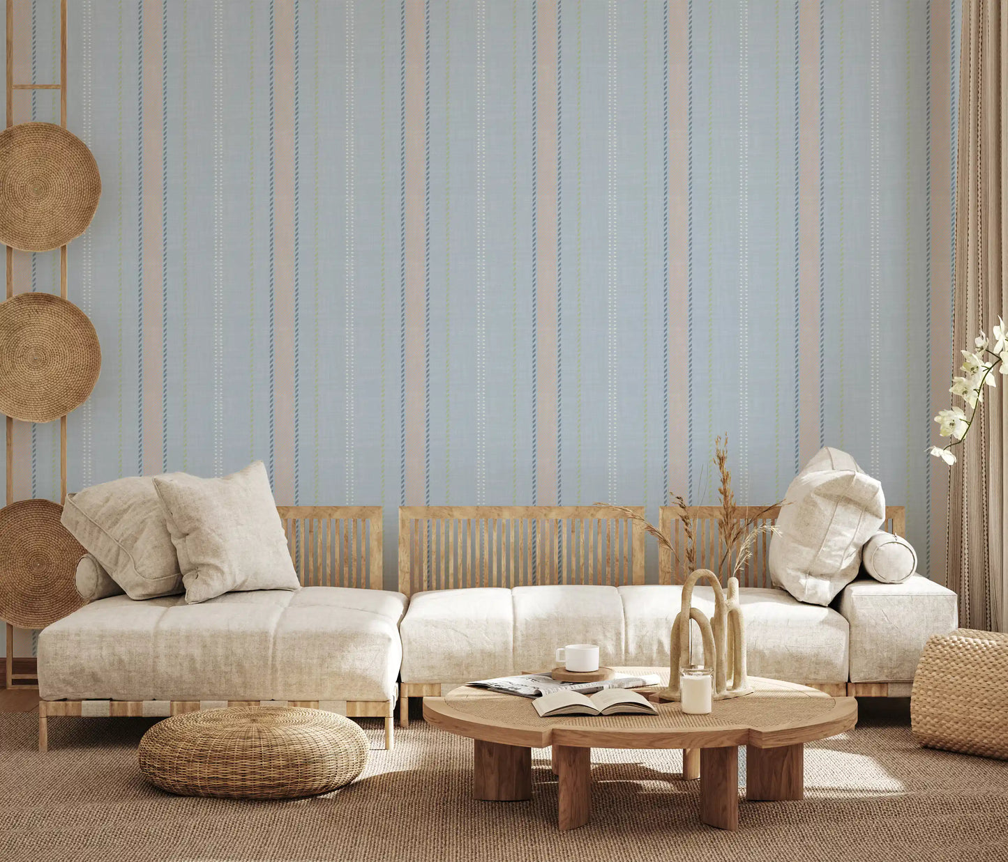 Heritager Ticking Stripes - Carta da parati con texture di lino blu francese vintage e rosa cipria