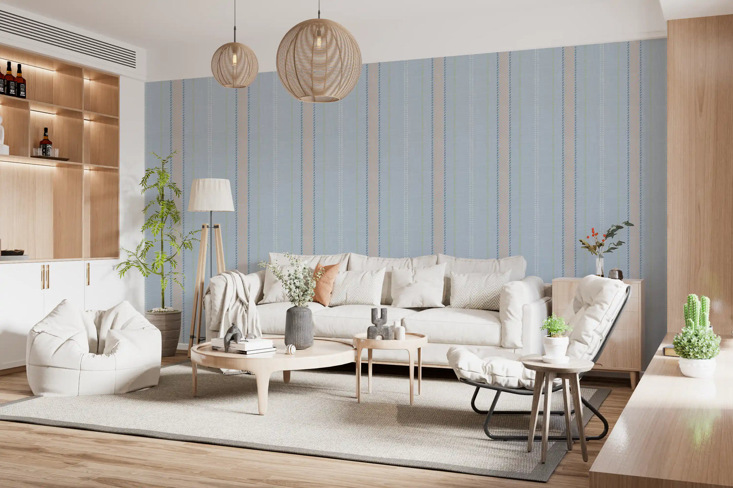 Heritager Ticking Stripes - Carta da parati con texture di lino blu francese vintage e rosa cipria