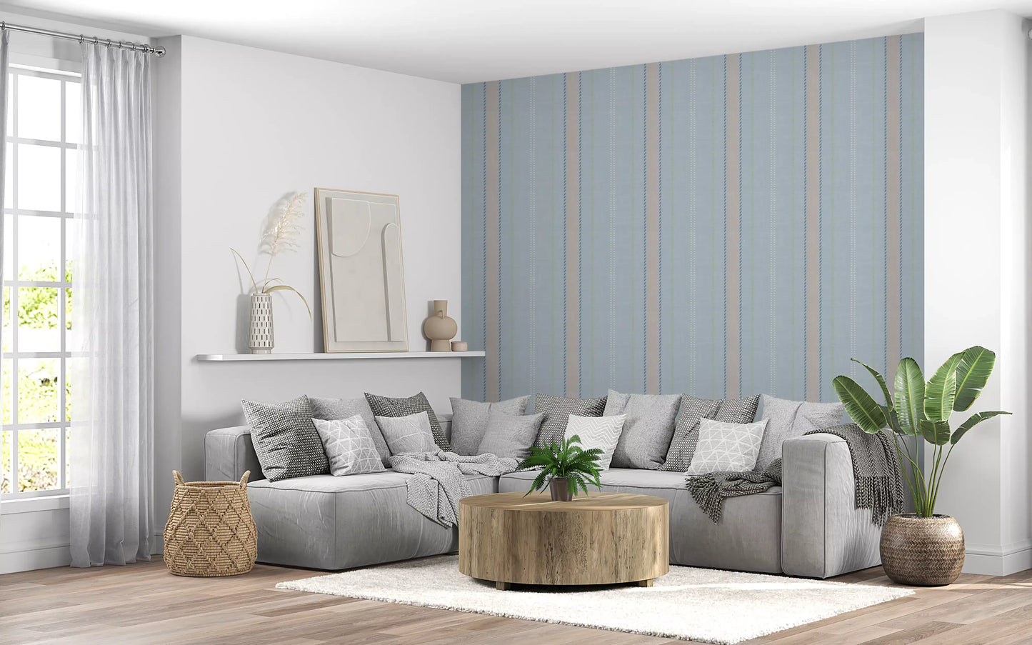 Heritager Ticking Stripes - Carta da parati con texture di lino blu francese vintage e rosa cipria