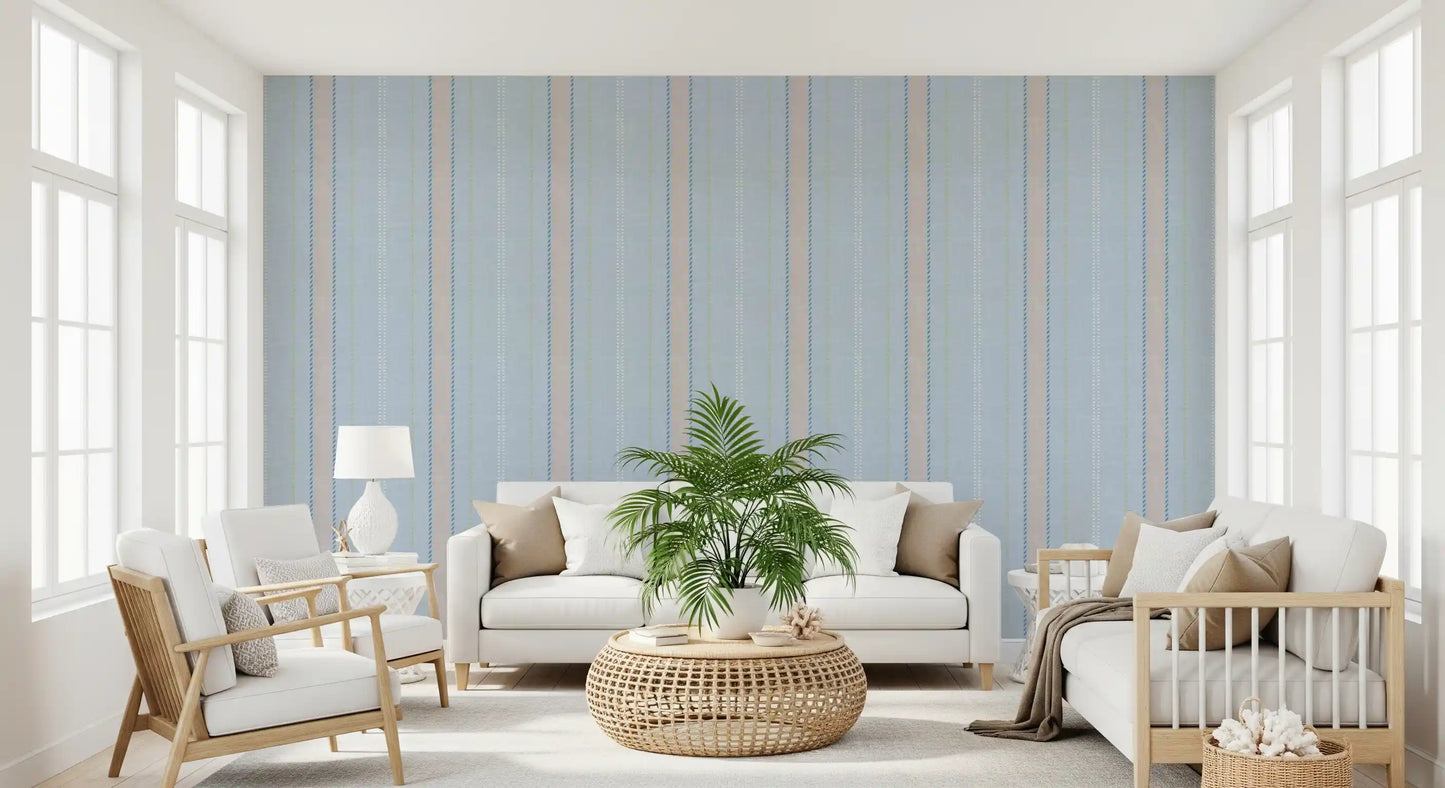 Heritager Ticking Stripes - Carta da parati con texture di lino blu francese vintage e rosa cipria