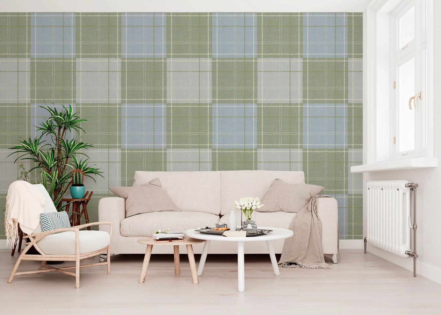Heritage Plaid – Tartan-ruudullinen pellava – Niitynvihreä ja sininen tapetti