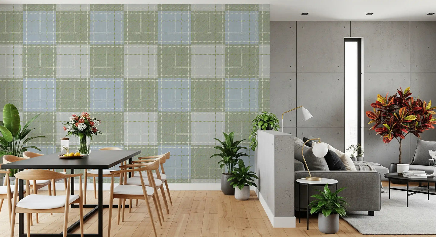 Heritage Plaid – Tartan-ruudullinen pellava – Niitynvihreä ja sininen tapetti