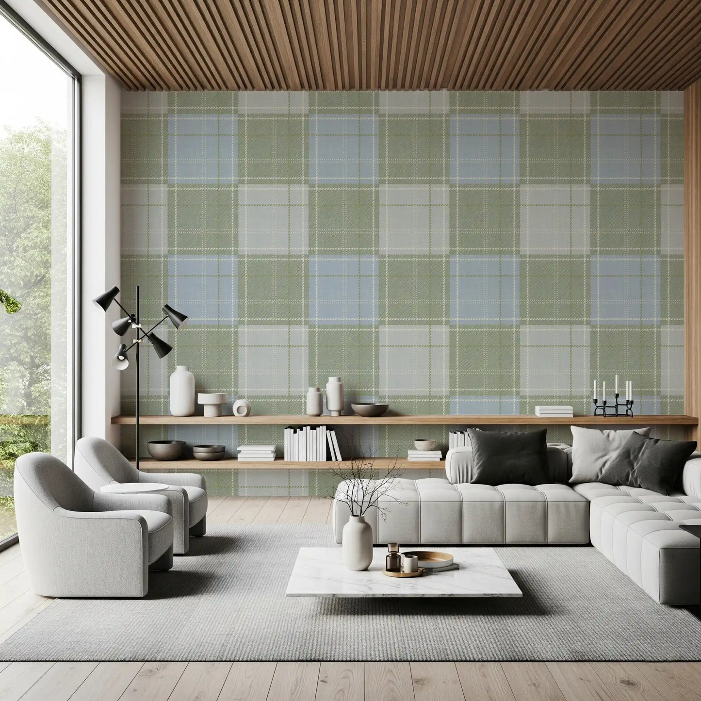 Heritage Plaid – Tartan-ruudullinen pellava – Niitynvihreä ja sininen tapetti