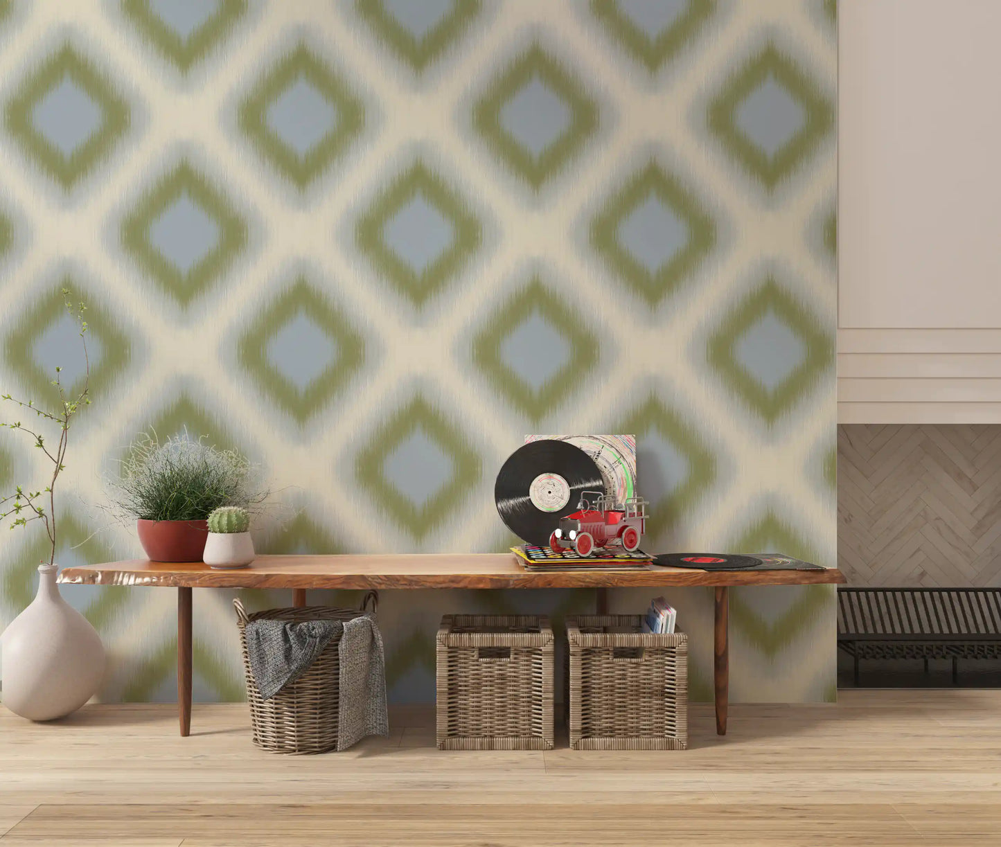 Carta da parati a rombi grandmillennial Heritage Ikat – verde salvia e blu francese