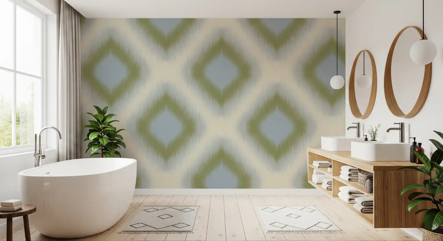 Carta da parati a rombi grandmillennial Heritage Ikat – verde salvia e blu francese
