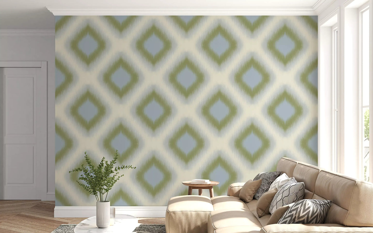 Carta da parati a rombi grandmillennial Heritage Ikat – verde salvia e blu francese
