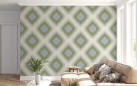 Carta da parati a rombi grandmillennial Heritage Ikat – verde salvia e blu francese