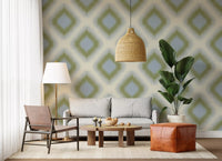 Carta da parati a rombi grandmillennial Heritage Ikat – verde salvia e blu francese