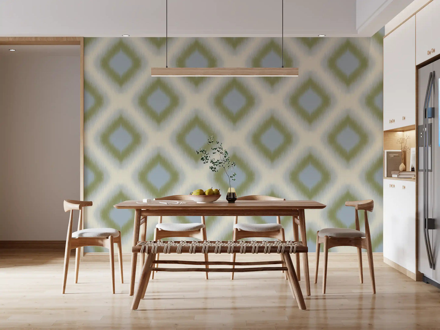 Carta da parati a rombi grandmillennial Heritage Ikat – verde salvia e blu francese