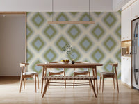 Carta da parati a rombi grandmillennial Heritage Ikat – verde salvia e blu francese