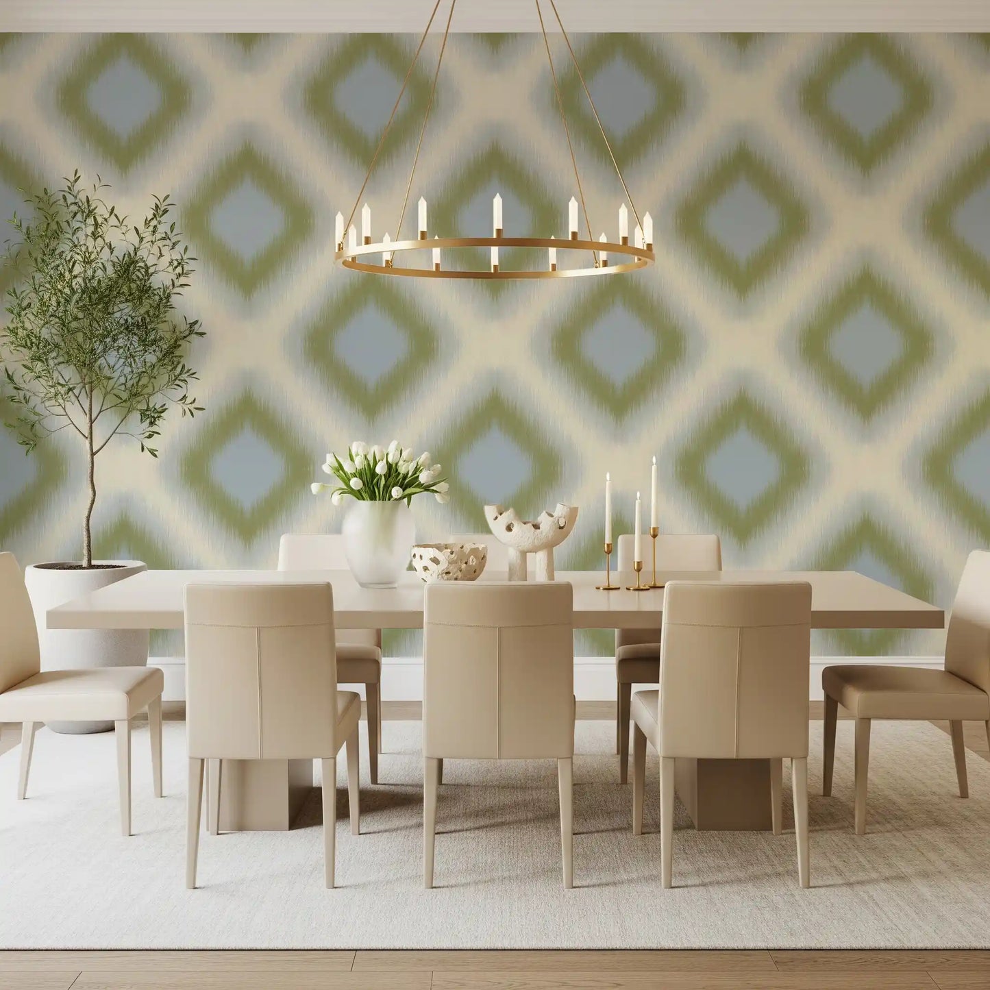 Carta da parati a rombi grandmillennial Heritage Ikat – verde salvia e blu francese