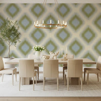 Carta da parati a rombi grandmillennial Heritage Ikat – verde salvia e blu francese