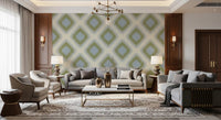 Carta da parati a rombi grandmillennial Heritage Ikat – verde salvia e blu francese