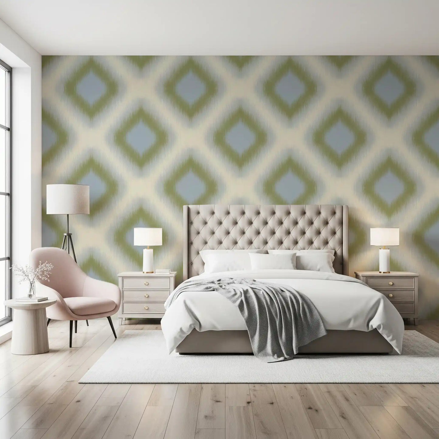 Carta da parati a rombi grandmillennial Heritage Ikat – verde salvia e blu francese