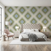 Carta da parati a rombi grandmillennial Heritage Ikat – verde salvia e blu francese