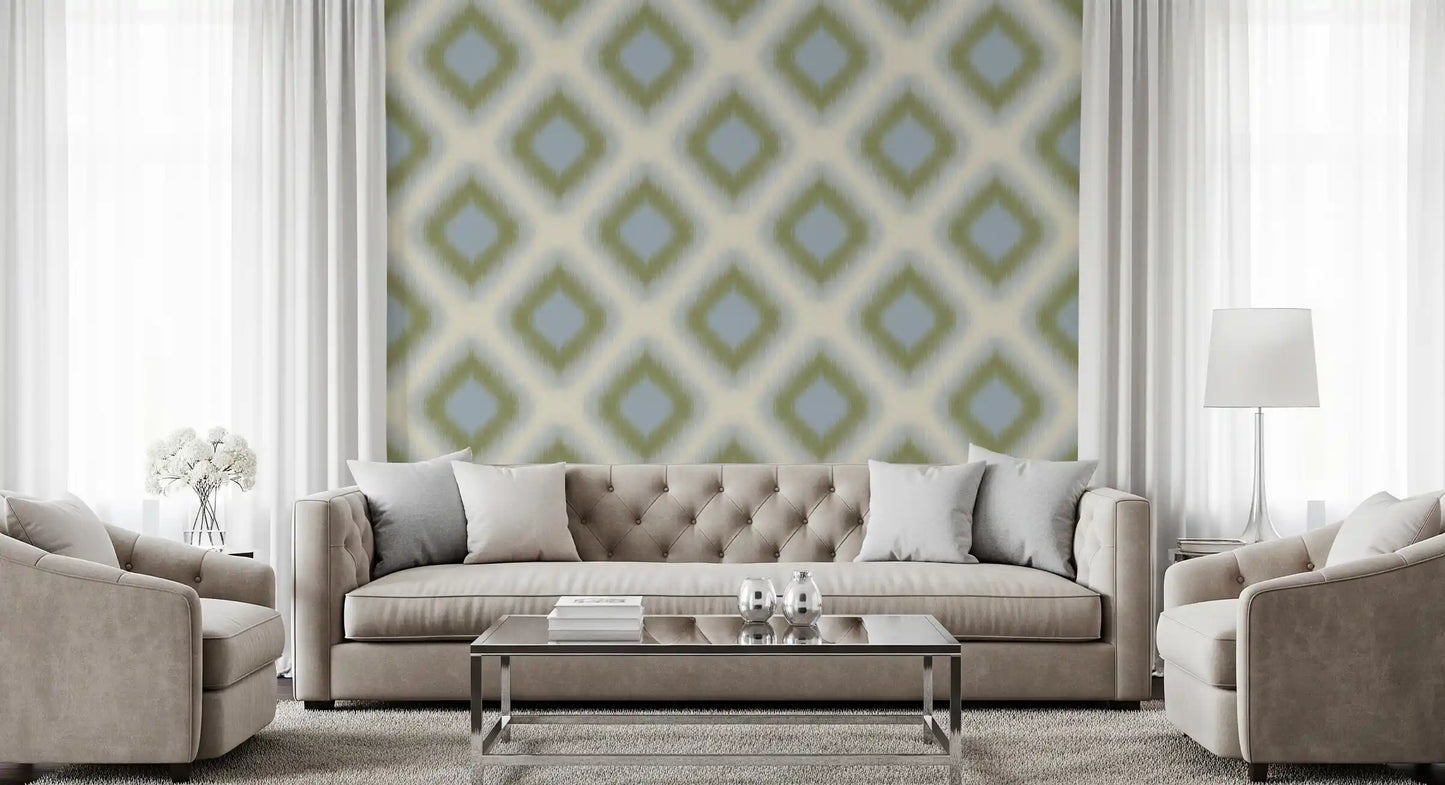 Carta da parati a rombi grandmillennial Heritage Ikat – verde salvia e blu francese