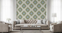 Carta da parati a rombi grandmillennial Heritage Ikat – verde salvia e blu francese
