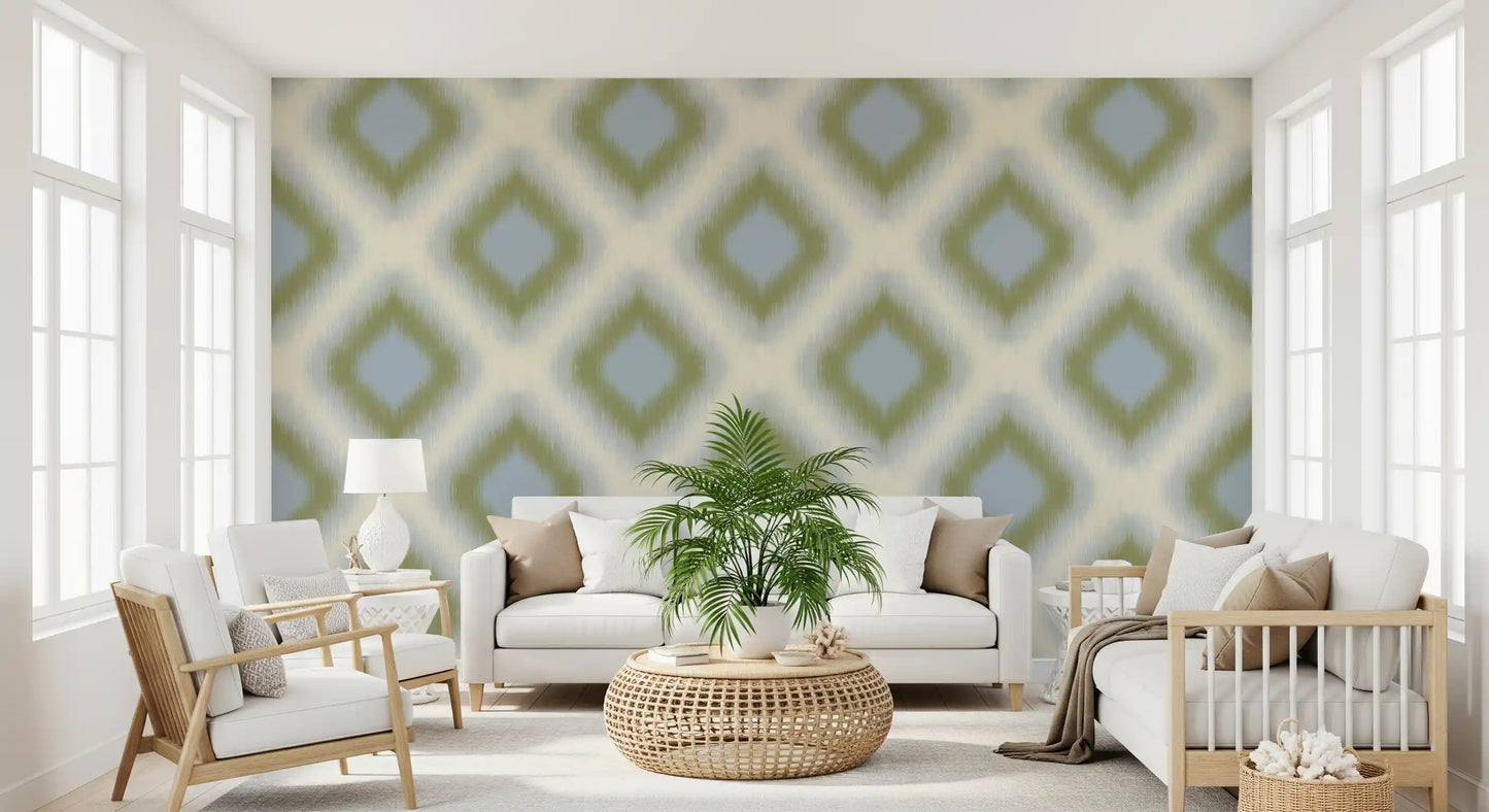 Carta da parati a rombi grandmillennial Heritage Ikat – verde salvia e blu francese