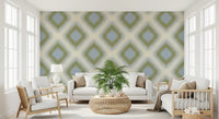 Carta da parati a rombi grandmillennial Heritage Ikat – verde salvia e blu francese