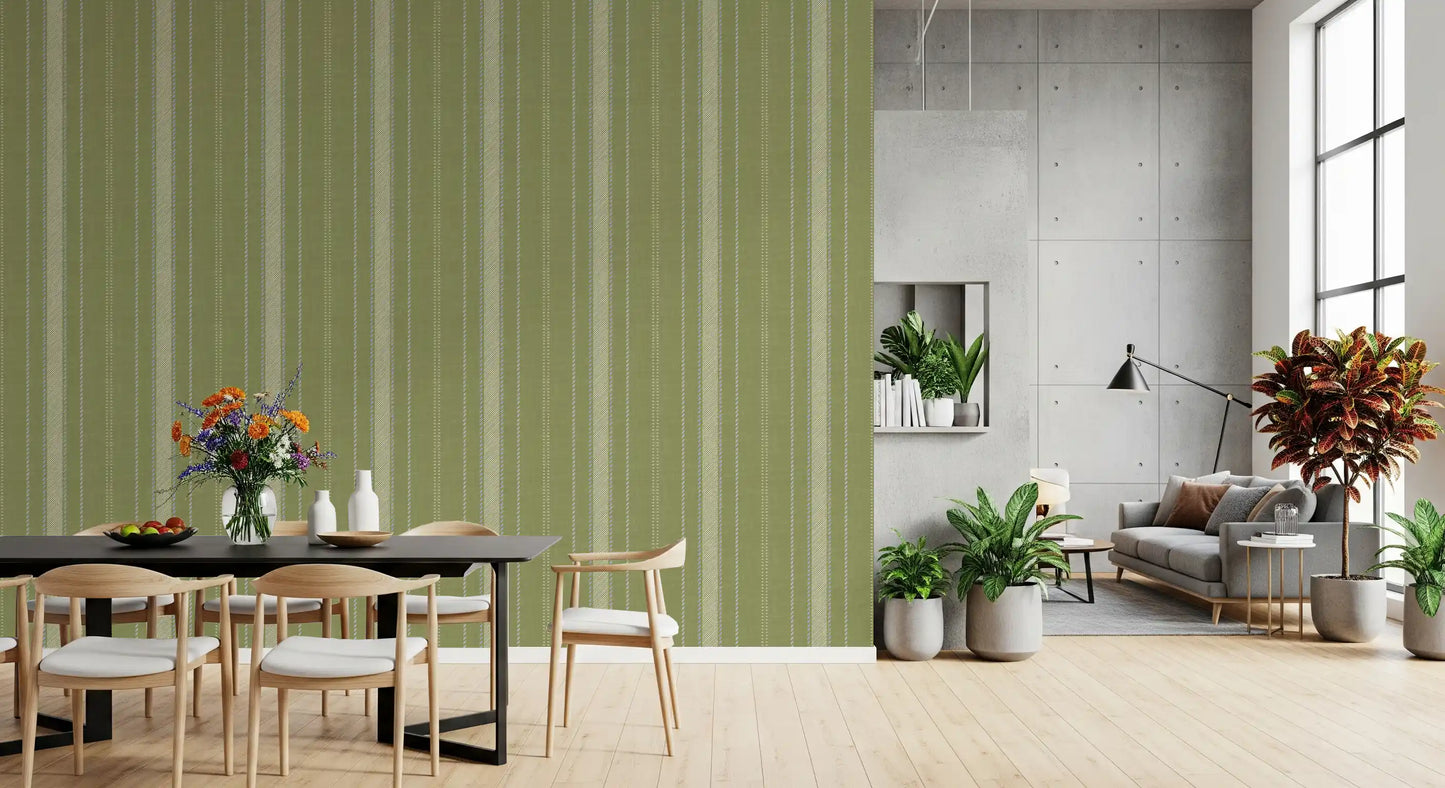 Heritage Ticking Stripes - Vintage Meadow Green & Chalk Linen Texture Wallpaper⁠