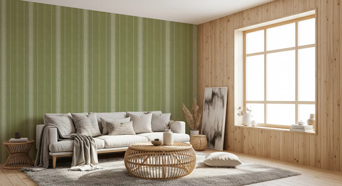 Heritage Ticking Stripes - Vintage Meadow Green & Chalk Linen Texture Wallpaper⁠