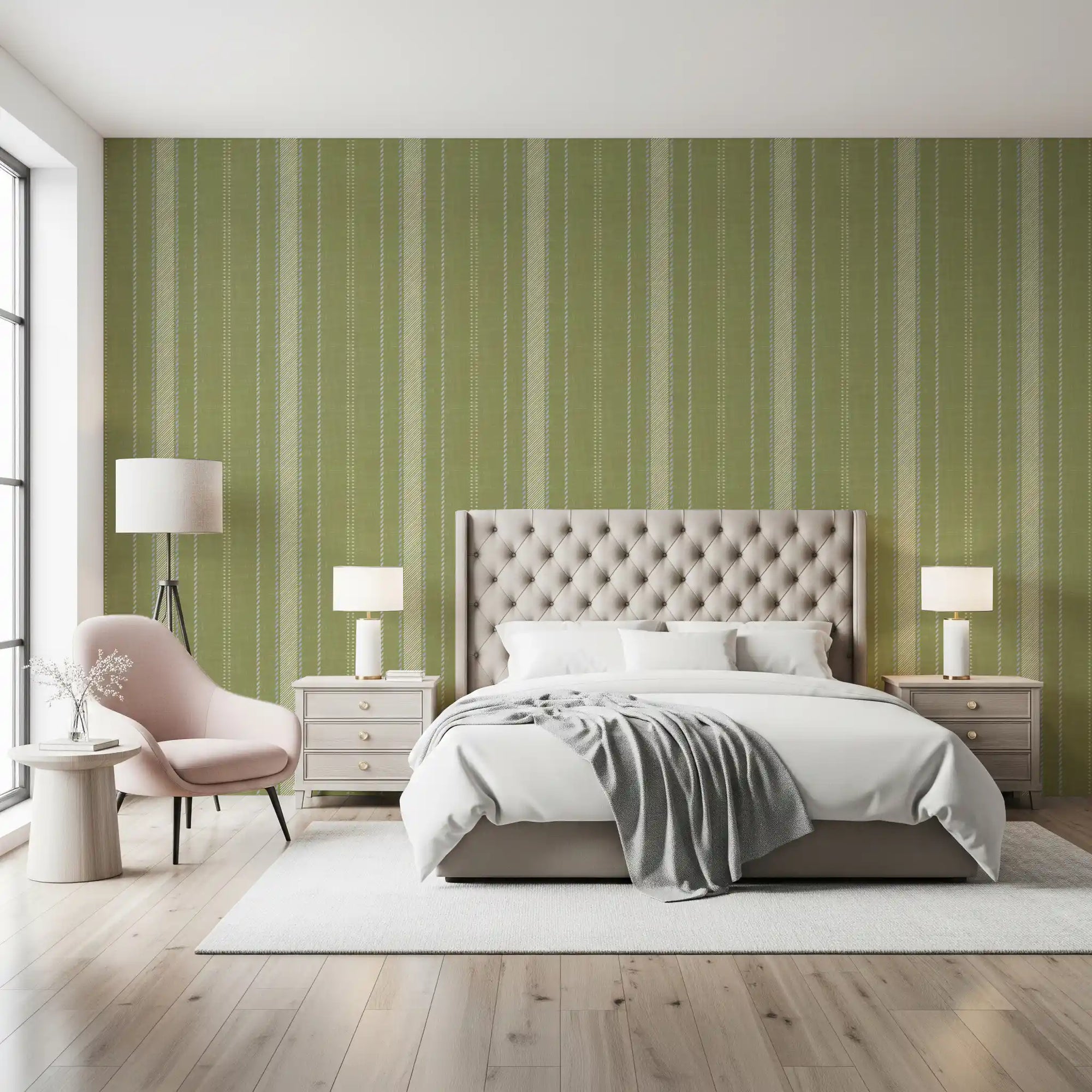 Rayures ticking Heritage – Papier peint texturé effet lin vert prairie vintage et craie