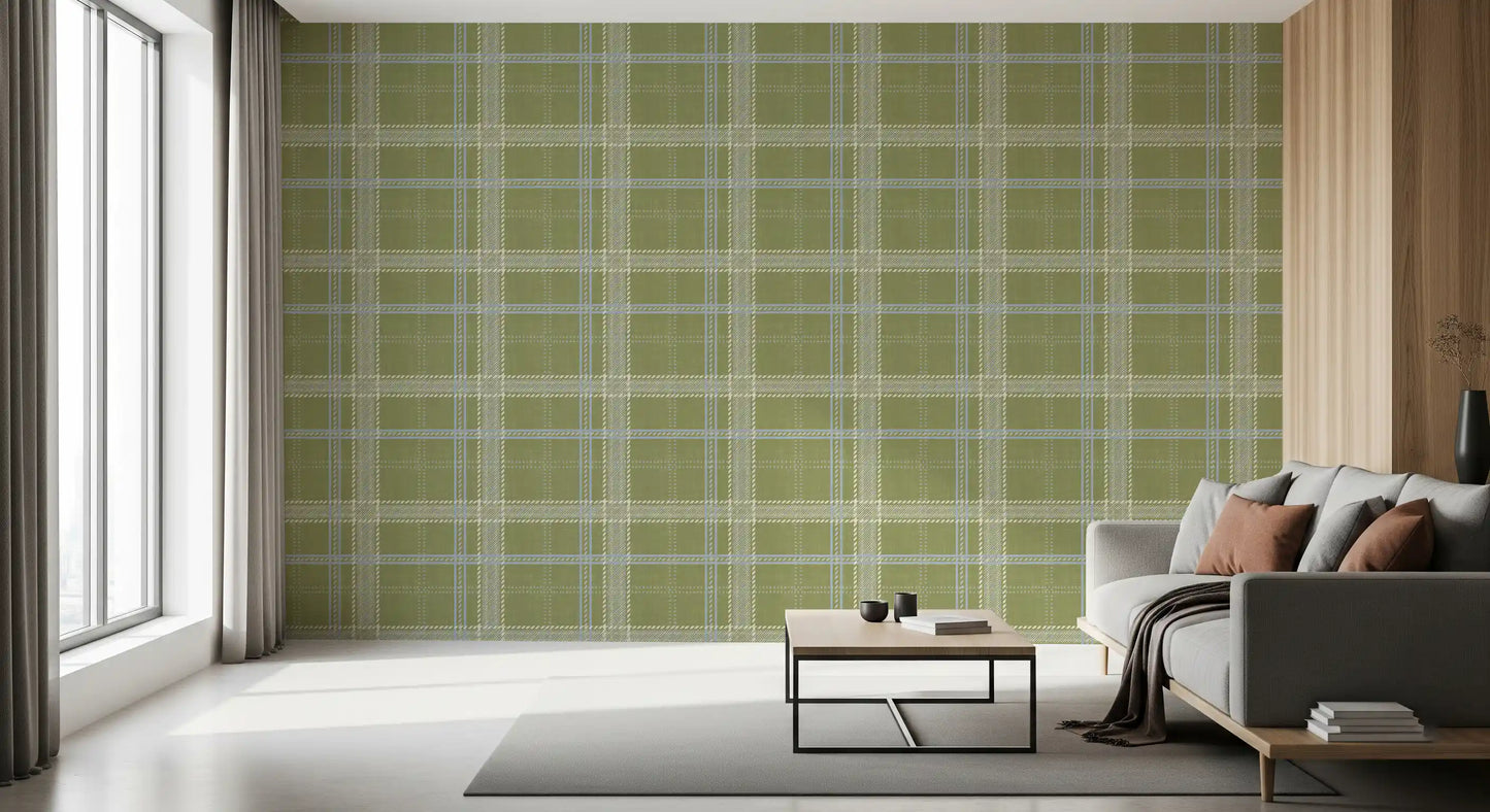 Heritage-Karo – Windowpane-Tartan-Karo aus Leinen – Tapete in Wiesengrün und Kreideweiß