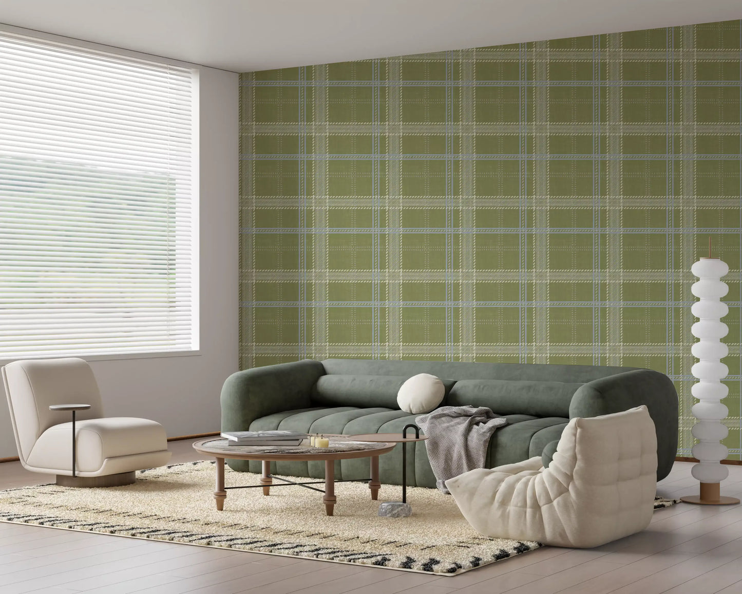 Heritage-Karo – Windowpane-Tartan-Karo aus Leinen – Tapete in Wiesengrün und Kreideweiß