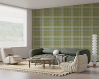 Heritage-Karo – Windowpane-Tartan-Karo aus Leinen – Tapete in Wiesengrün und Kreideweiß