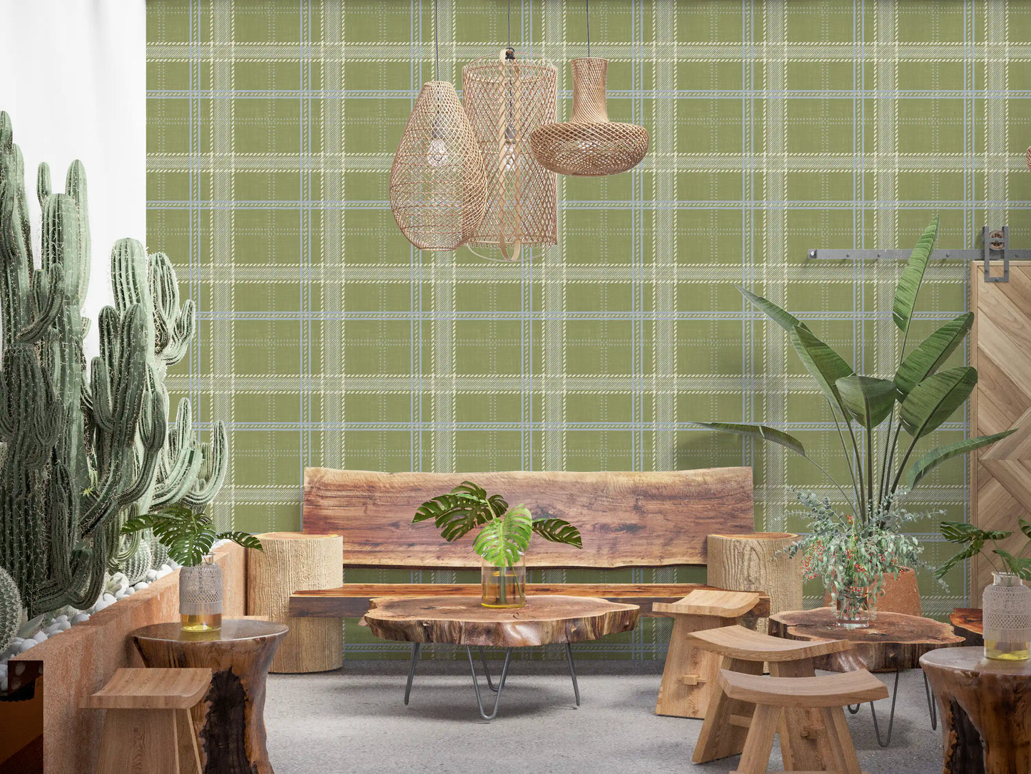 Heritage-Karo – Windowpane-Tartan-Karo aus Leinen – Tapete in Wiesengrün und Kreideweiß