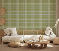 Heritage-Karo – Windowpane-Tartan-Karo aus Leinen – Tapete in Wiesengrün und Kreideweiß