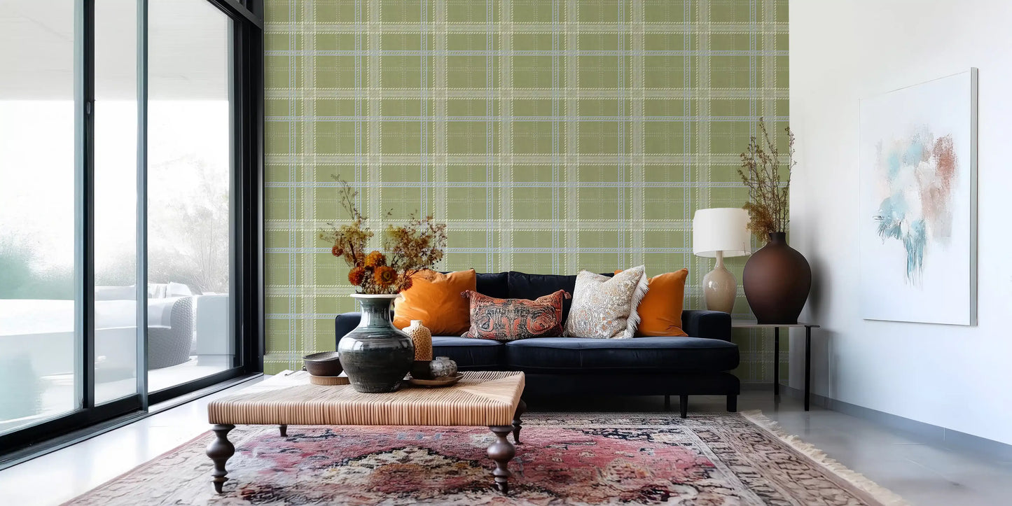 Heritage-Karo – Windowpane-Tartan-Karo aus Leinen – Tapete in Wiesengrün und Kreideweiß