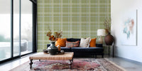 Heritage-Karo – Windowpane-Tartan-Karo aus Leinen – Tapete in Wiesengrün und Kreideweiß