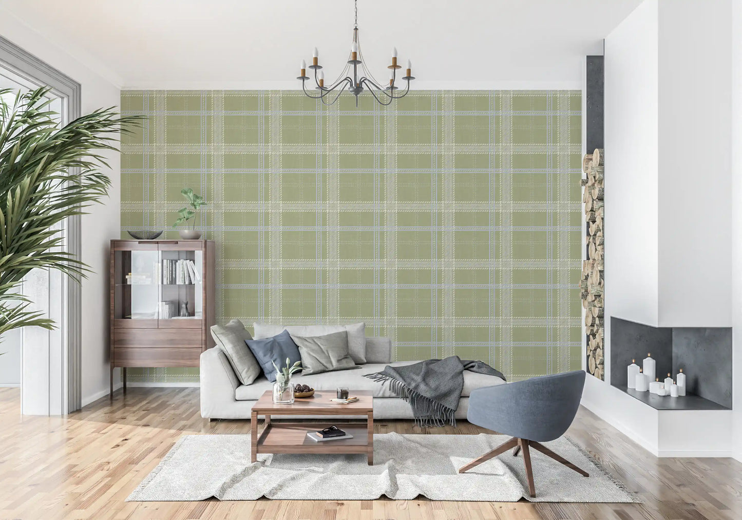 Heritage-Karo – Windowpane-Tartan-Karo aus Leinen – Tapete in Wiesengrün und Kreideweiß