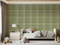Heritage-Karo – Windowpane-Tartan-Karo aus Leinen – Tapete in Wiesengrün und Kreideweiß