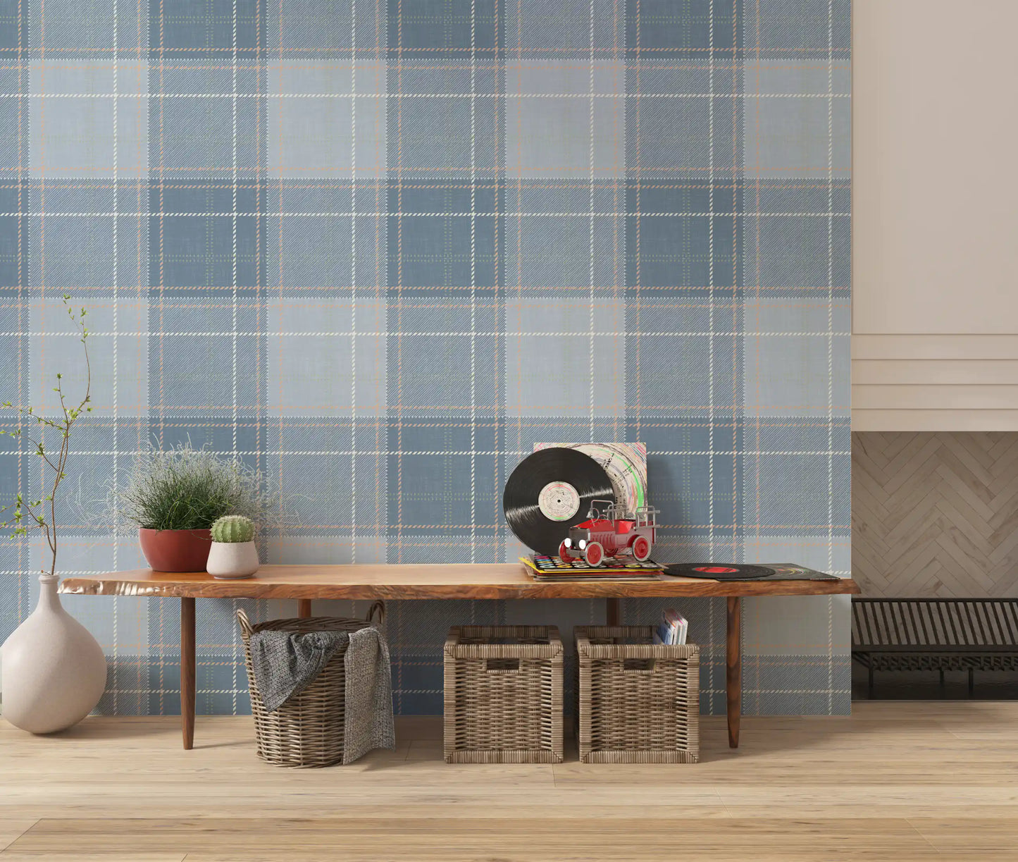 Heritage à carreaux – Damier tartan effet lin – Papier peint bleu français et bleu denim