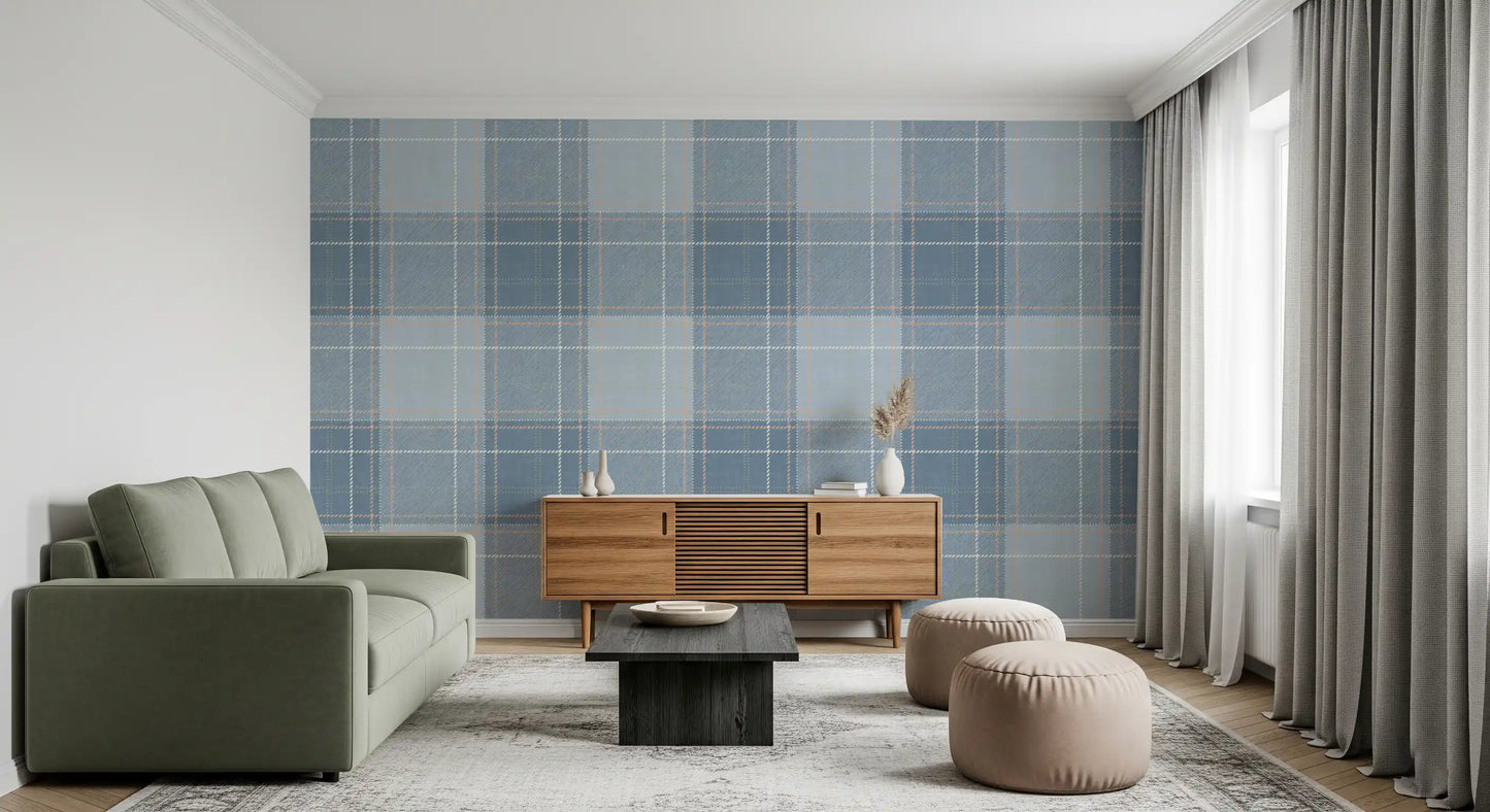 Heritage à carreaux – Damier tartan effet lin – Papier peint bleu français et bleu denim