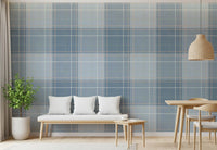 Heritage à carreaux – Damier tartan effet lin – Papier peint bleu français et bleu denim