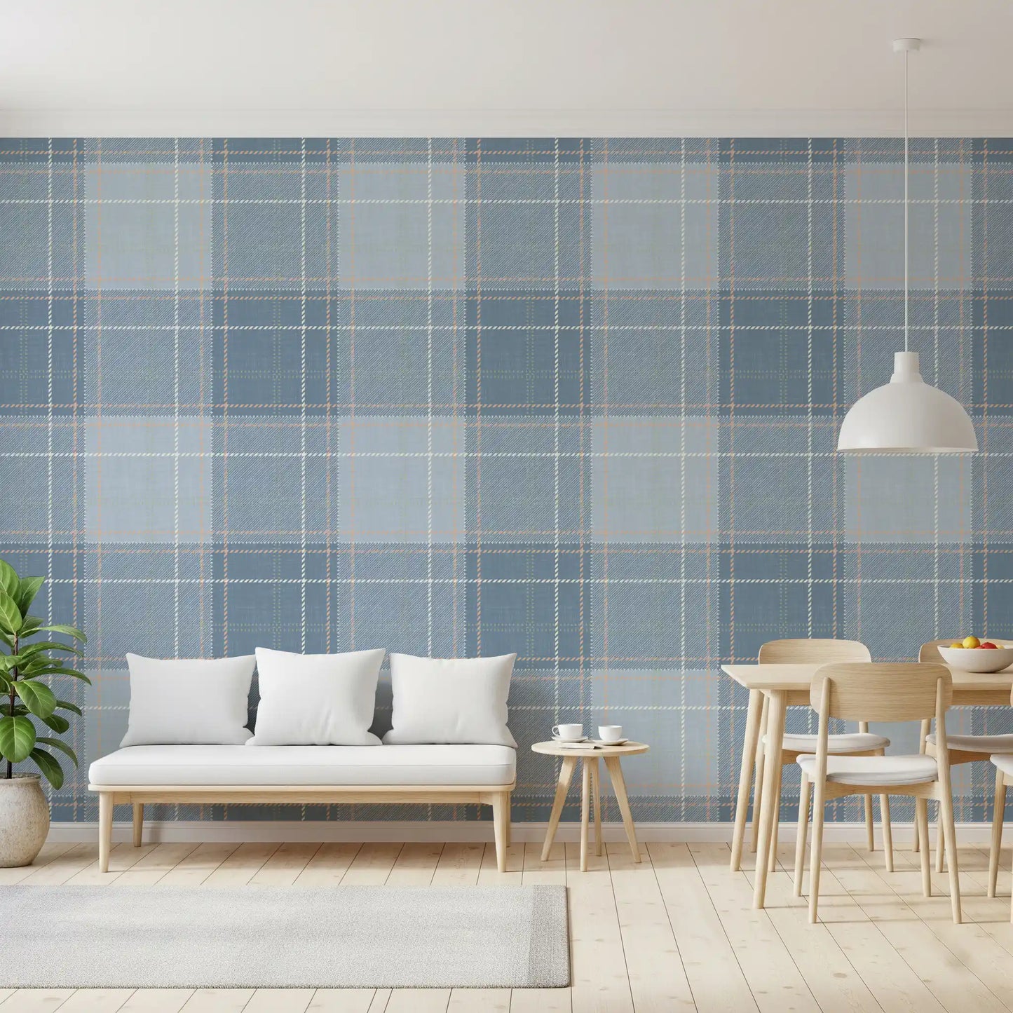 Heritage à carreaux – Damier tartan effet lin – Papier peint bleu français et bleu denim