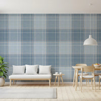 Heritage à carreaux – Damier tartan effet lin – Papier peint bleu français et bleu denim