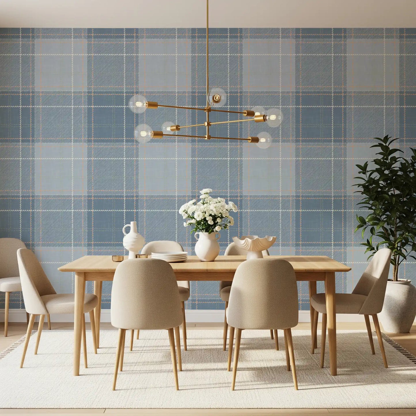 Heritage à carreaux – Damier tartan effet lin – Papier peint bleu français et bleu denim