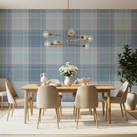 Heritage à carreaux – Damier tartan effet lin – Papier peint bleu français et bleu denim