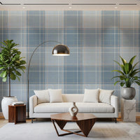 Heritage à carreaux – Damier tartan effet lin – Papier peint bleu français et bleu denim