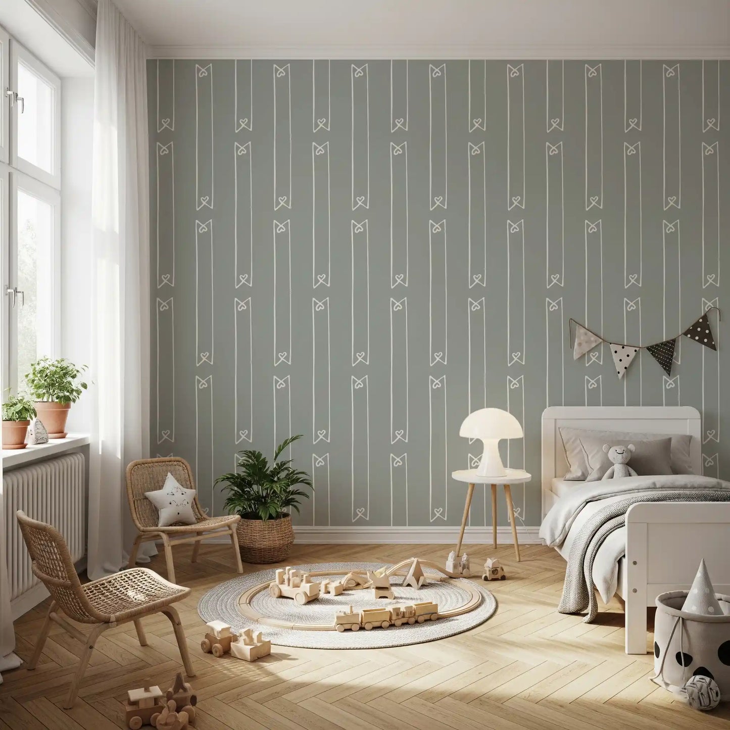 Minimalistische Tapete mit Herz-, Band- und Streifenmuster